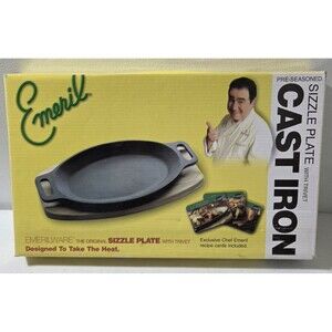 New in Box Emeril Cast Iron Sizzle Plate with Wood Trivet Fajita Steak Platter